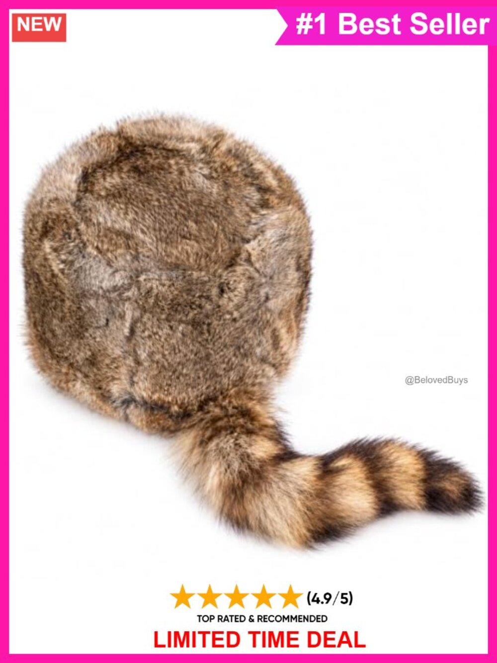 100% Cultured Rabbit Fur Trapper Hat with Raccoon Tail